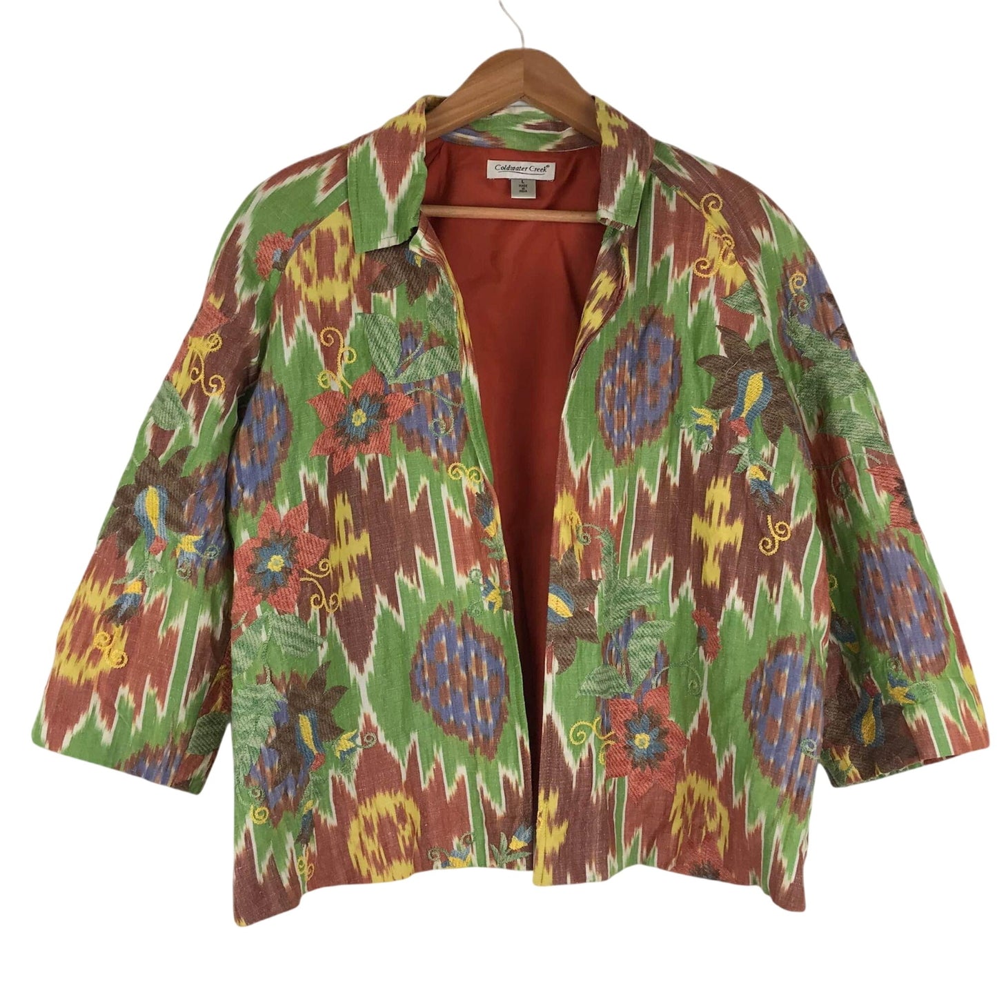 Coldwater Creek Multicolor Aztec Embroidered Open Jacket L Linen Blend