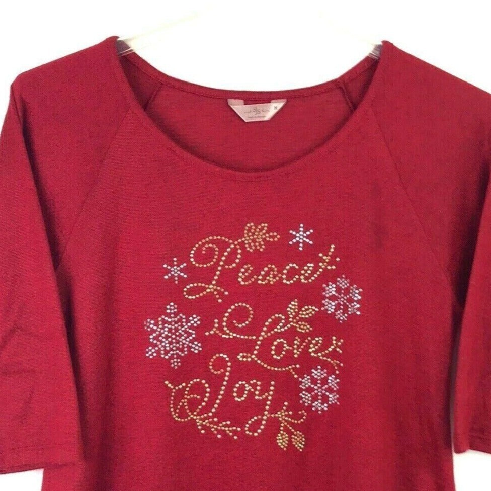 Christmas Novelty Knit Top SJS M Holiday Chic Peace Love Joy Red Bling Sparkle