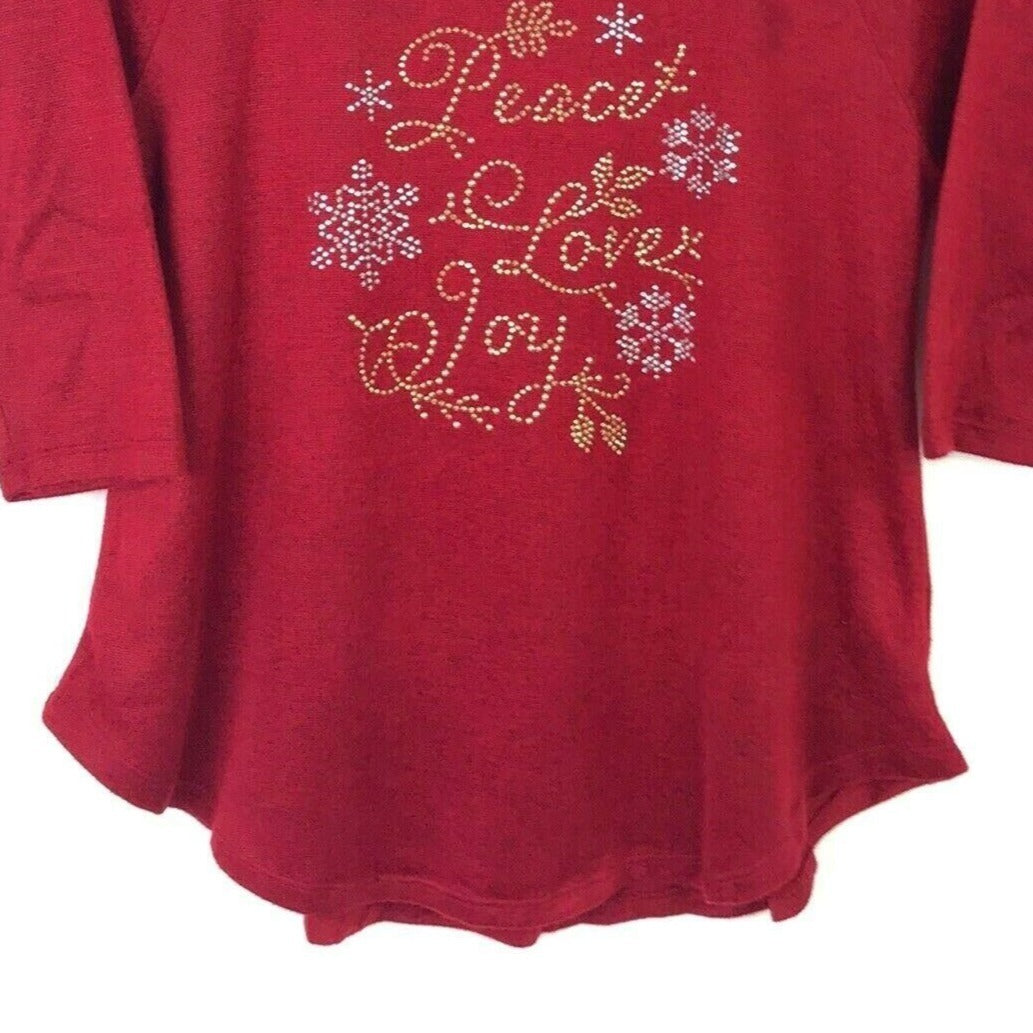 Christmas Novelty Knit Top SJS M Holiday Chic Peace Love Joy Red Bling Sparkle