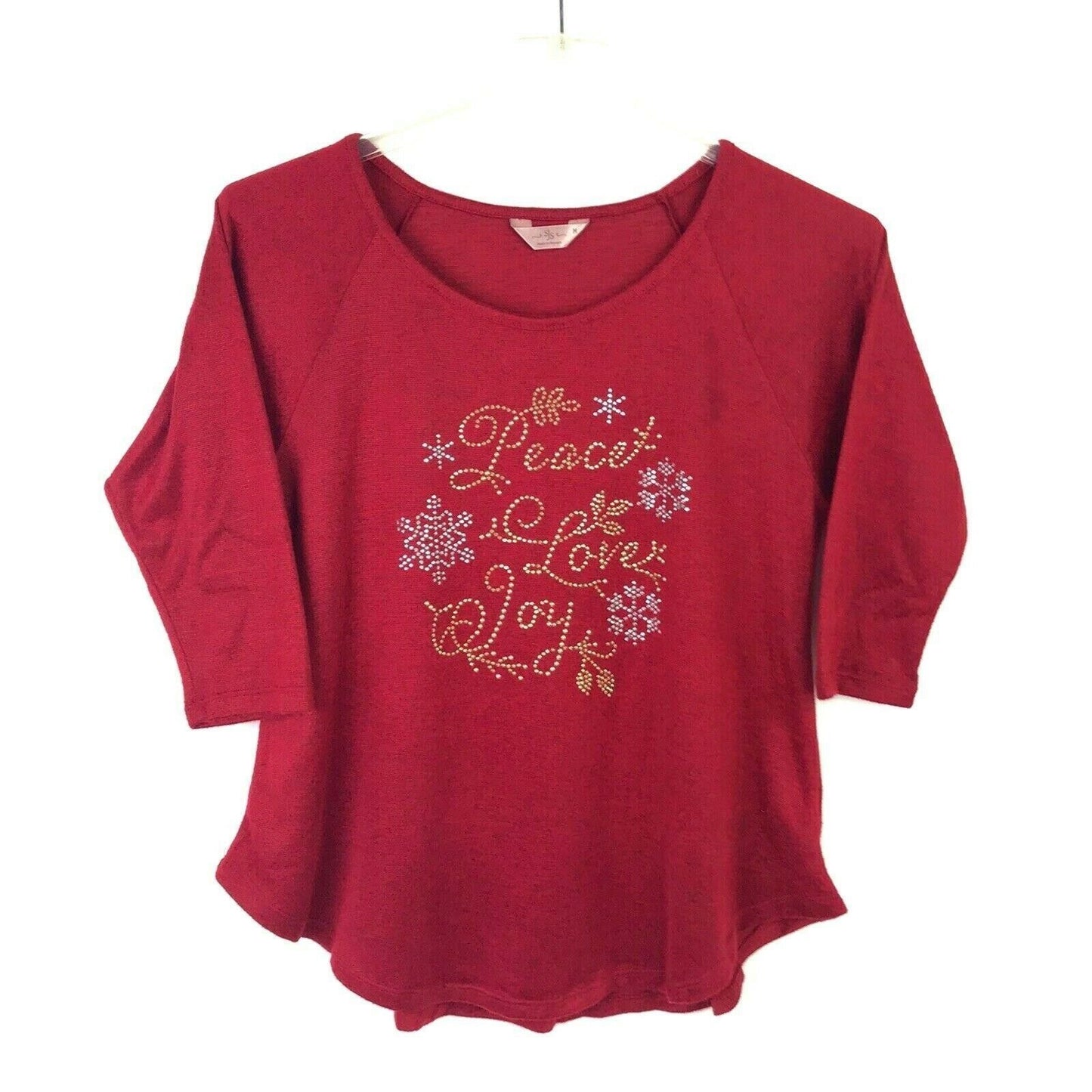 Christmas Novelty Knit Top SJS M Holiday Chic Peace Love Joy Red Bling Sparkle