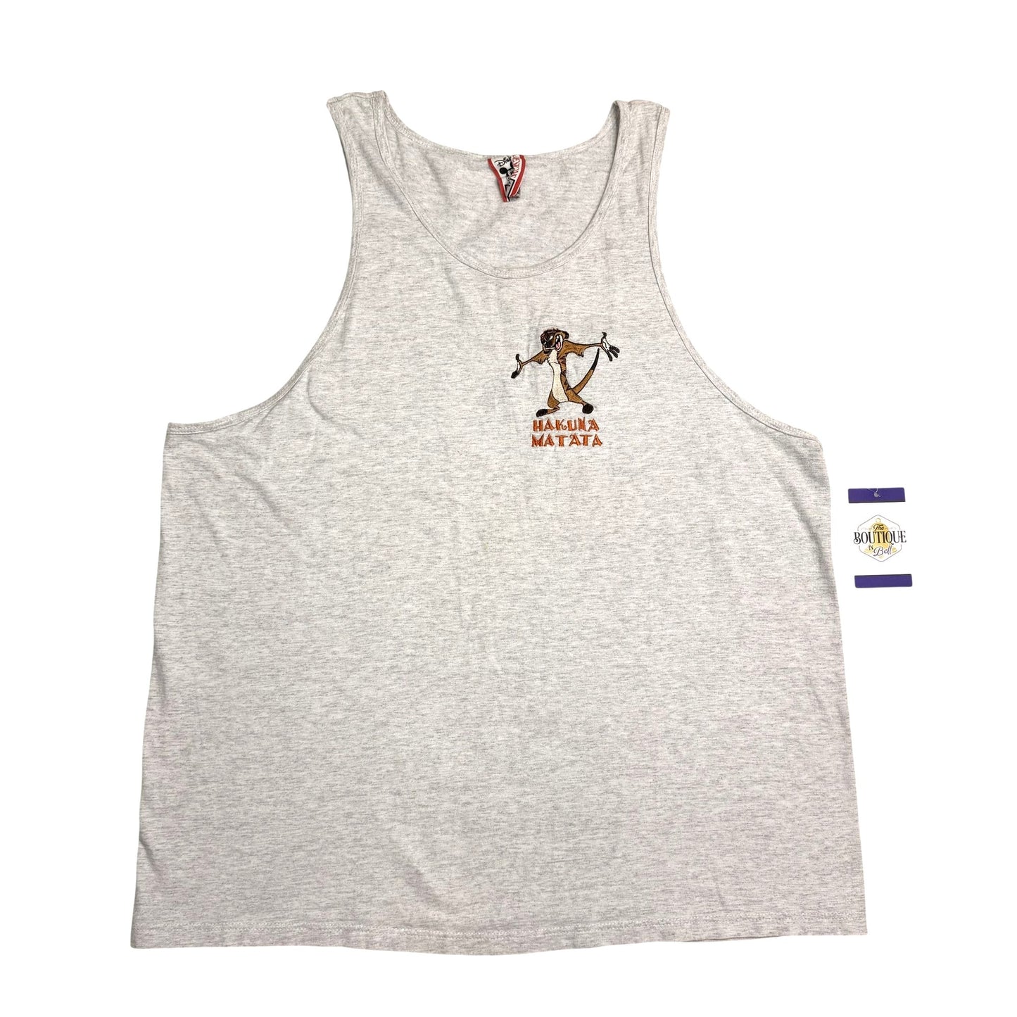 Vtg Disney Hakuna Matata Timon Graphic Embroidered Tank XL Gray Cotton USA Made