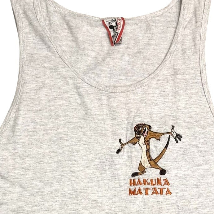 Vtg Disney Hakuna Matata Timon Graphic Embroidered Tank XL Gray Cotton USA Made