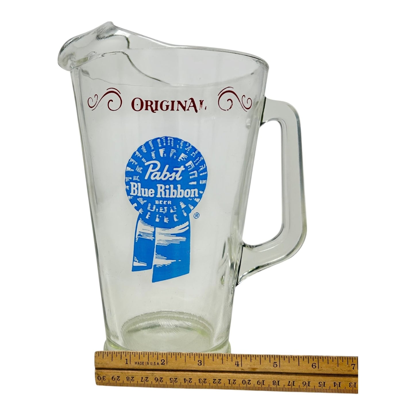 Vintage Pabst Blue Ribbon Glass Beer Pitcher Handle Pour Spout Man Cave Bar Pub