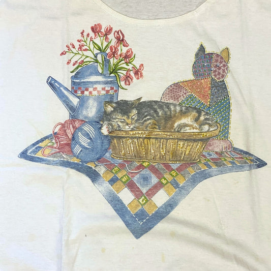 Vtg 90s Tshirt Oversized 1X Cat Grannycore Cottagecore Country Chic Farmhouse