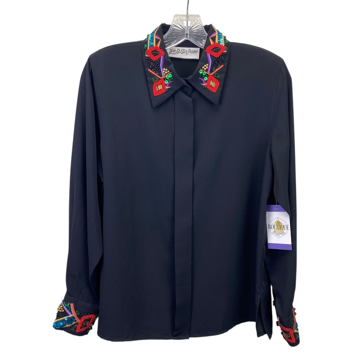 Vtg Yves St Clair Petites size 8 Black Embellished Blouse 80s Party Festive Glam