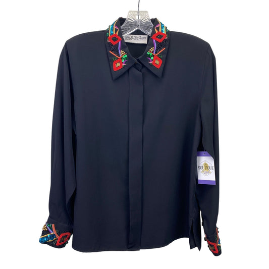 Vtg Yves St Clair Petites size 8 Black Embellished Blouse 80s Party Festive Glam