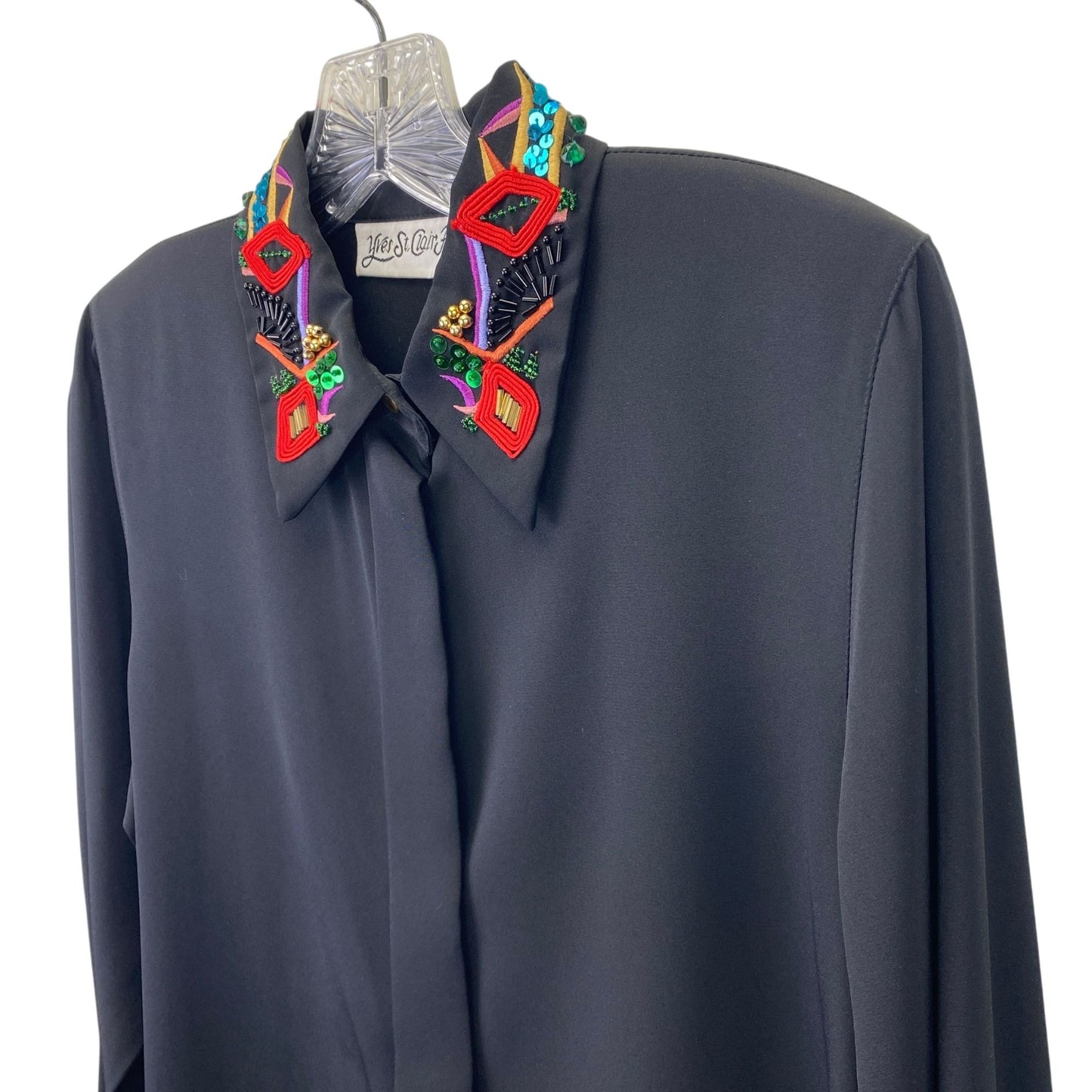 Vtg Yves St Clair Petites size 8 Black Embellished Blouse 80s Party Festive Glam
