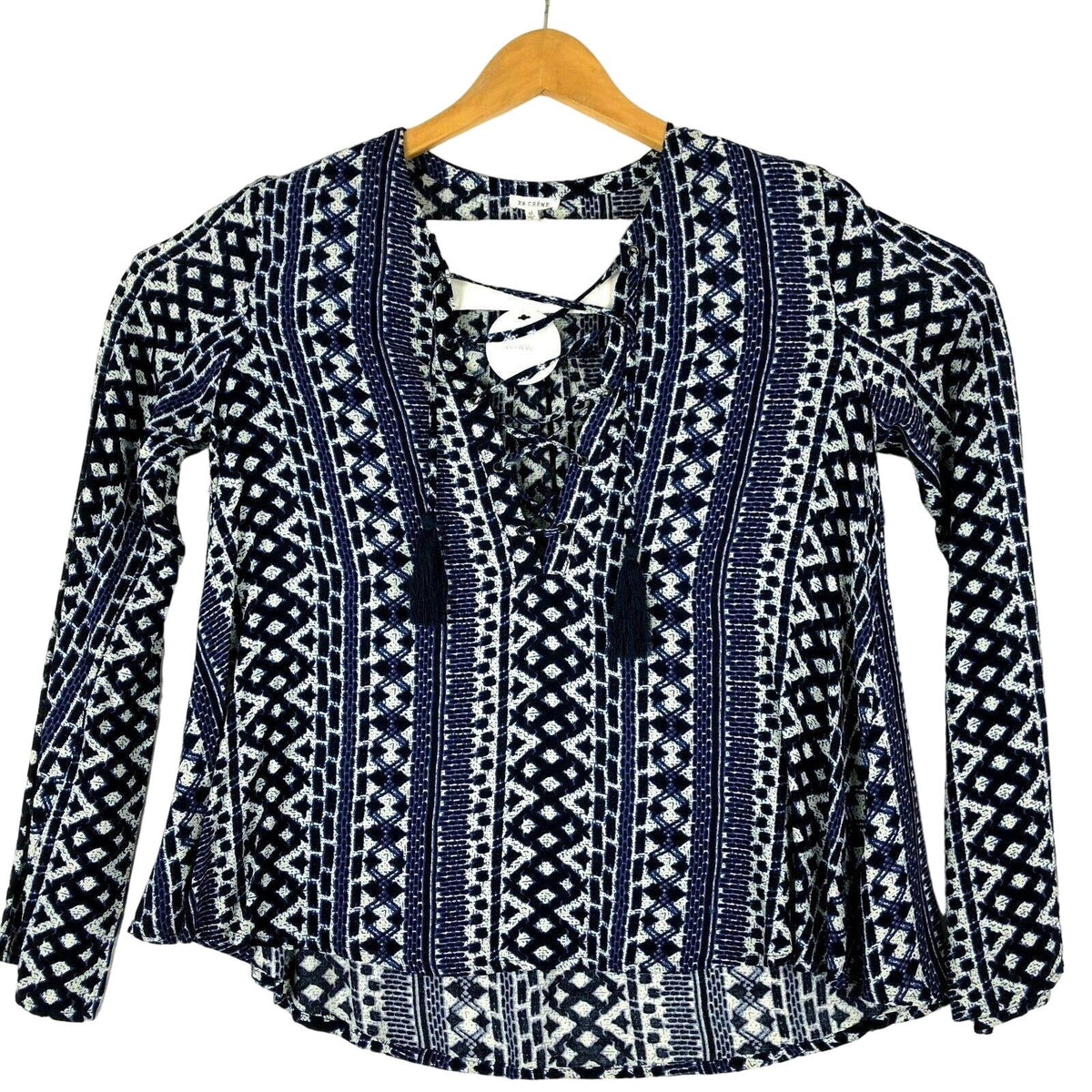 En Crème Womens M Boho Peasant Blouse Blue White Geometric Long-Sleeve Lace-Up