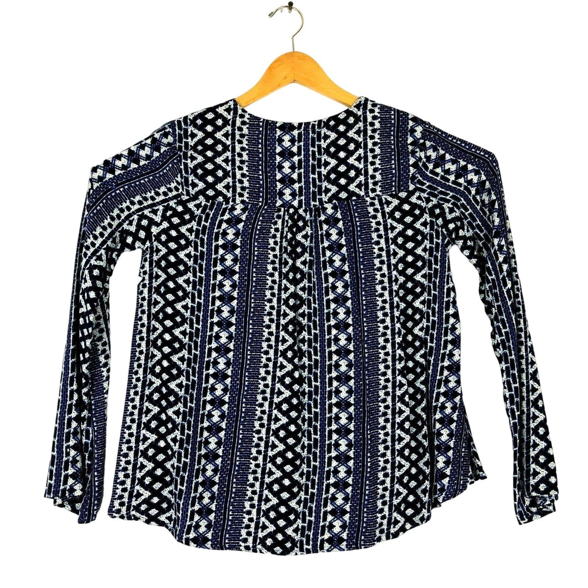 En Crème Womens M Boho Peasant Blouse Blue White Geometric Long-Sleeve Lace-Up