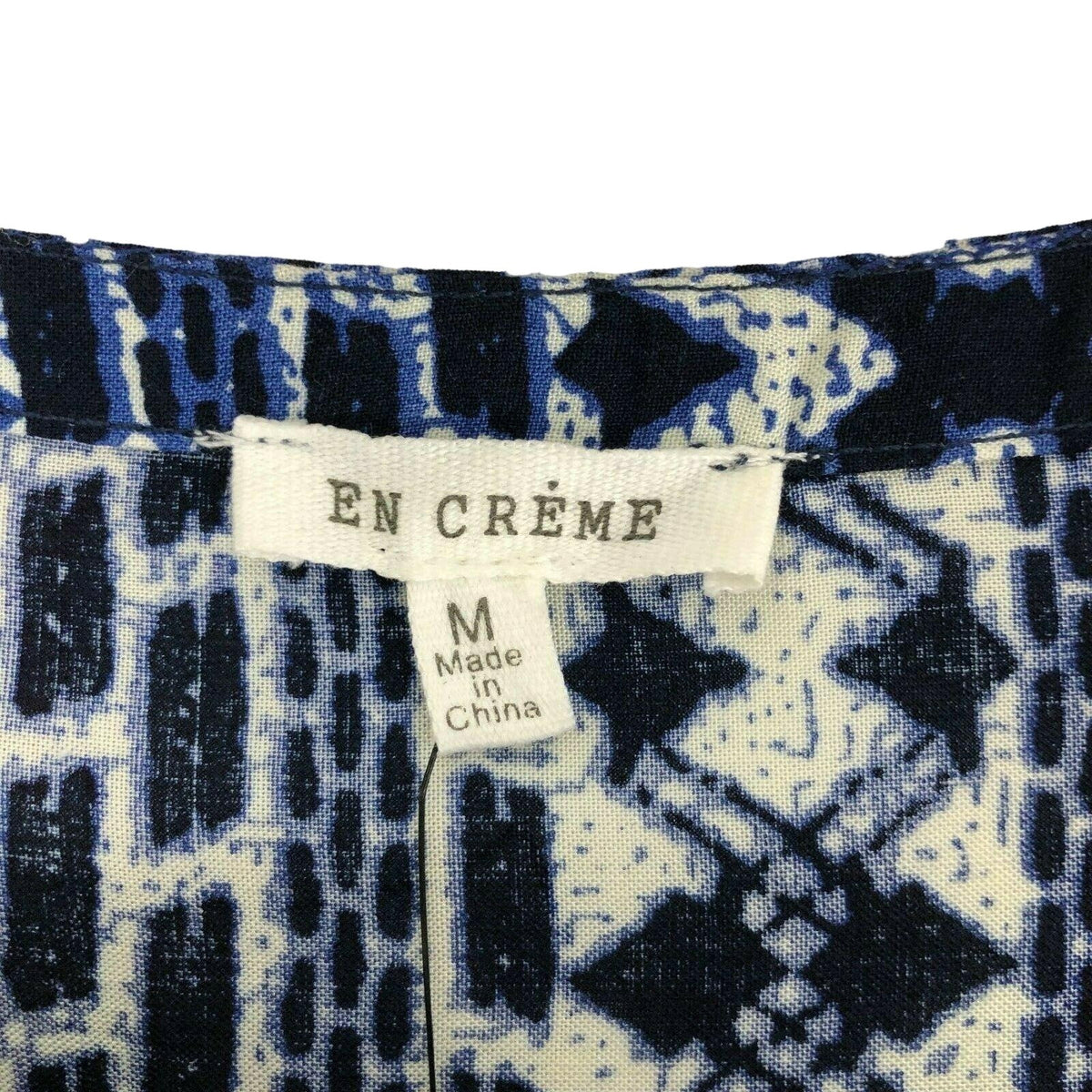 En Crème Womens M Boho Peasant Blouse Blue White Geometric Long-Sleeve Lace-Up