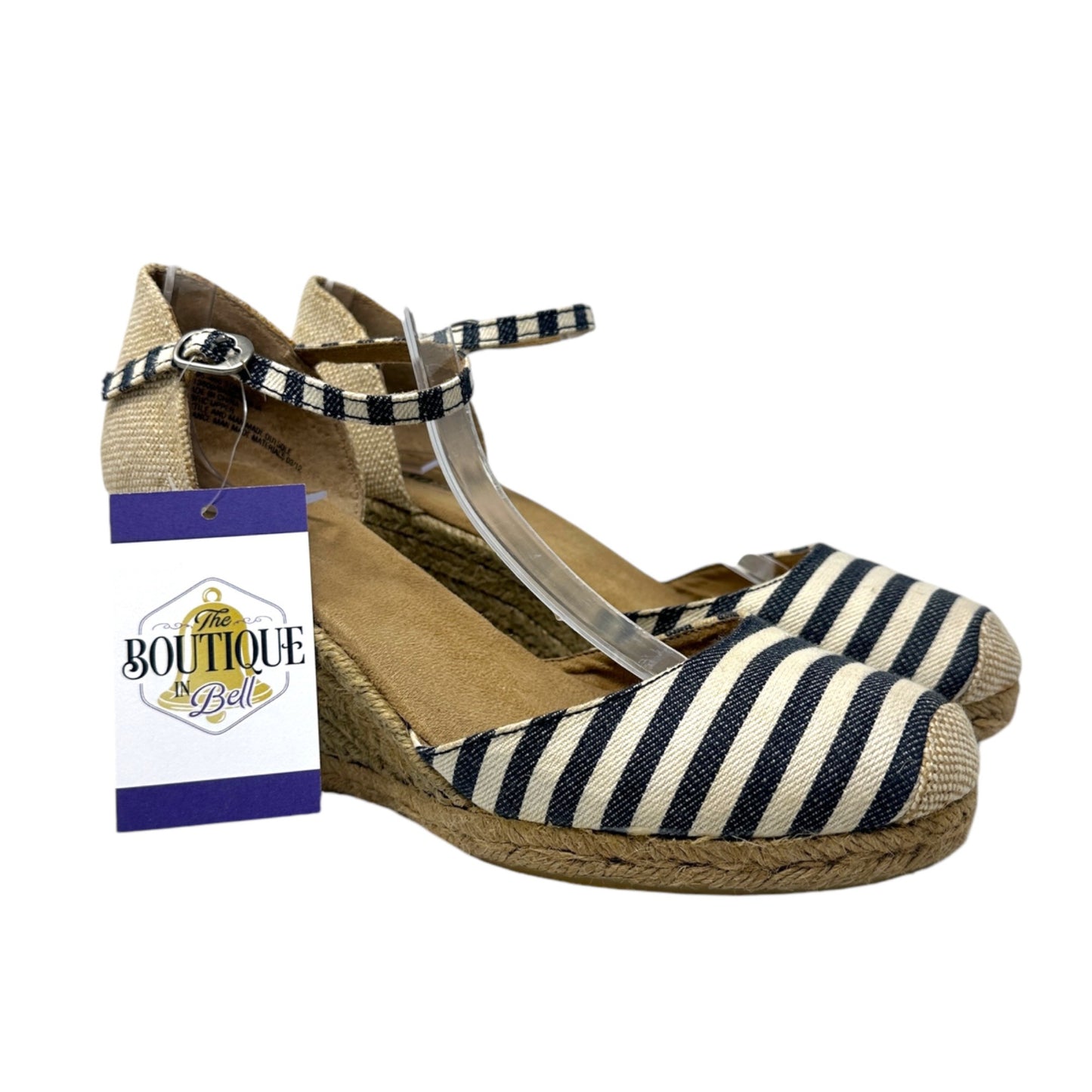 Bass 10 Emelia Black White Striped Wedge Espadrilles Slingback Summer Heels
