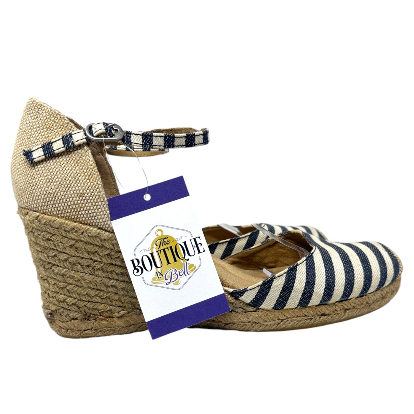 Bass 10 Emelia Black White Striped Wedge Espadrilles Slingback Summer Heels