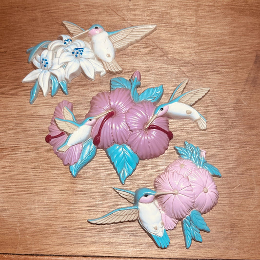 Vtg 1993 Burwood Productions set of 3 Hummingbird Flower Wall Plaques