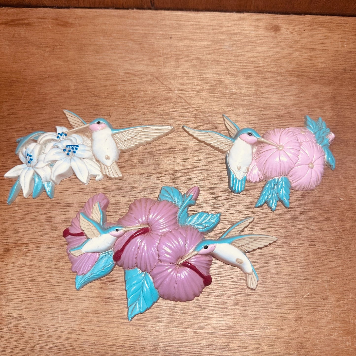 Vtg 1993 Burwood Productions set of 3 Hummingbird Flower Wall Plaques