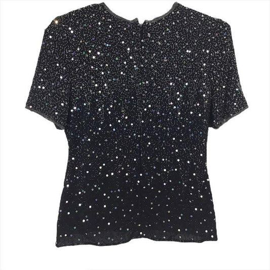 Vintage Stenay S Black Silk Beaded Top Fairy Zip Back Short Sleeve Dressy Sequin