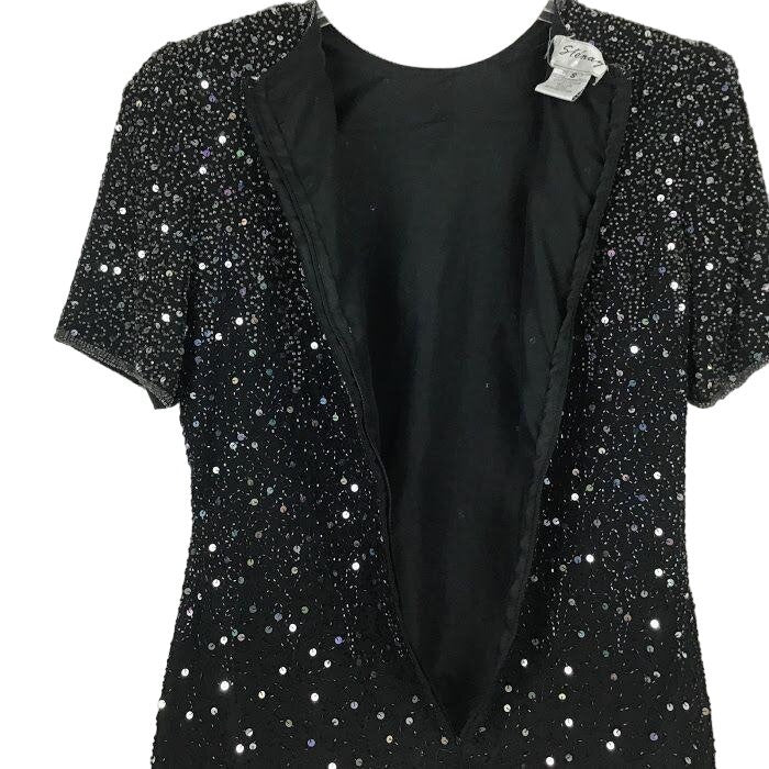 Vintage Stenay S Black Silk Beaded Top Fairy Zip Back Short Sleeve Dressy Sequin