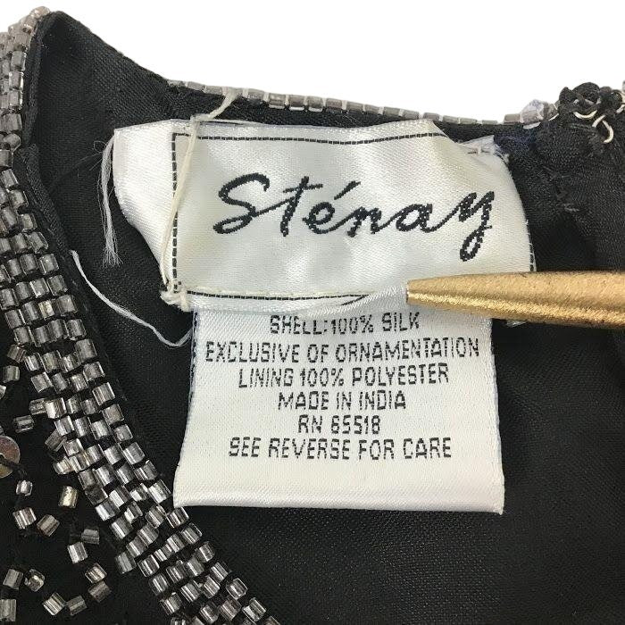 Vintage Stenay S Black Silk Beaded Top Fairy Zip Back Short Sleeve Dressy Sequin