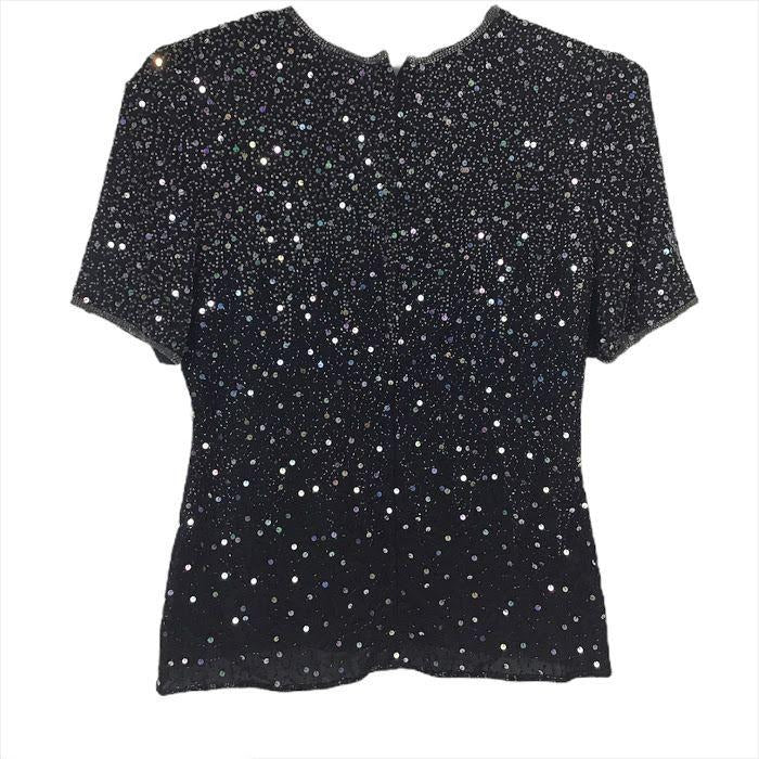Vintage Stenay S Black Silk Beaded Top Fairy Zip Back Short Sleeve Dressy Sequin