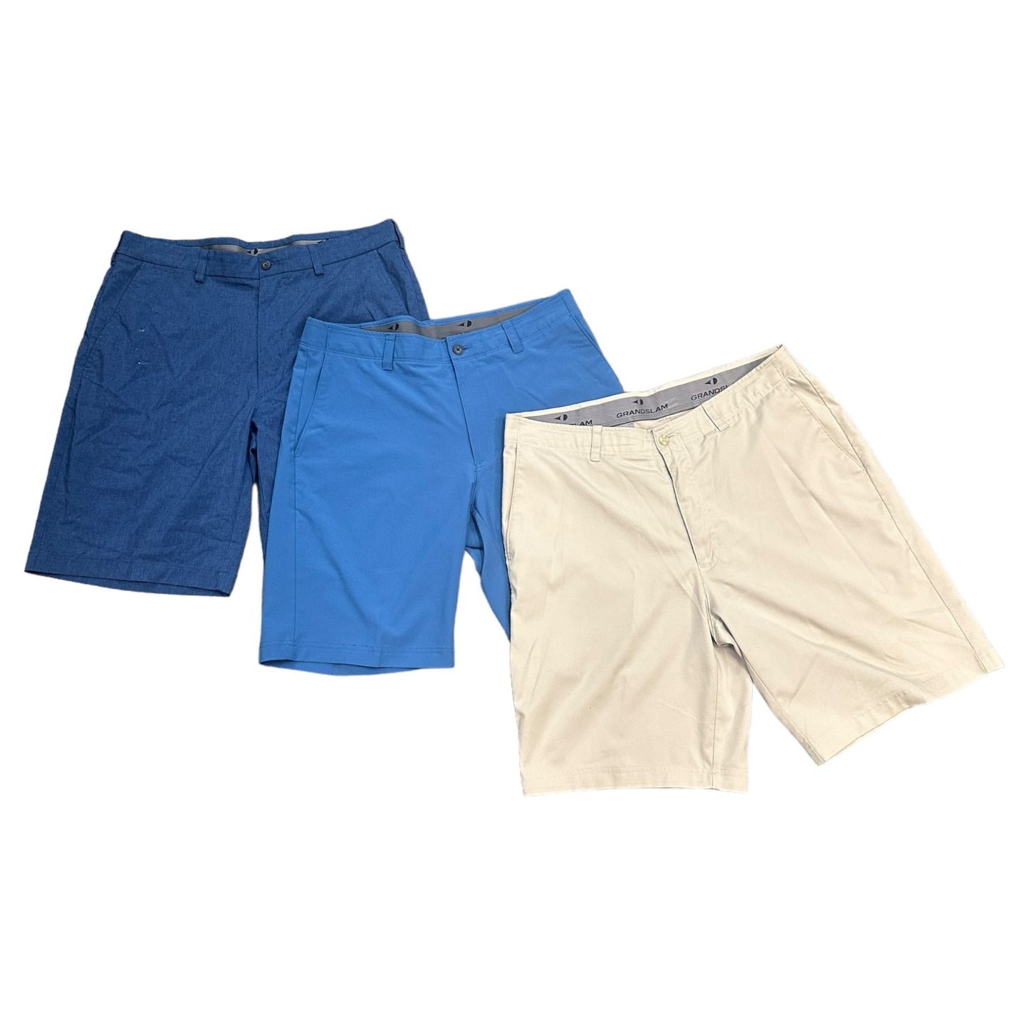 Grand Slam Mens 34 Performance Golf Shorts Flat Front Chino Blue Beige Lot of 3