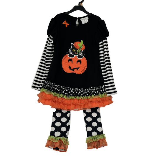 Emily Rose Girls 8 Black White Orange Polka Dot Ruffle Legging Set Pumpkin Cat