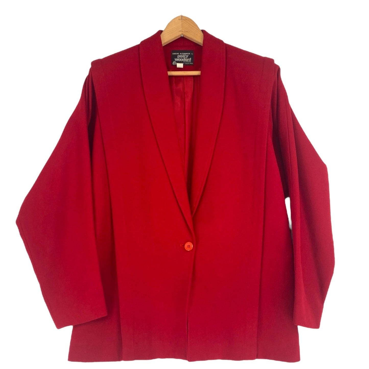 Vtg 80s Patty Woodard Wool Blazer Coat Red Dolman Sleeves Button Front City Chic
