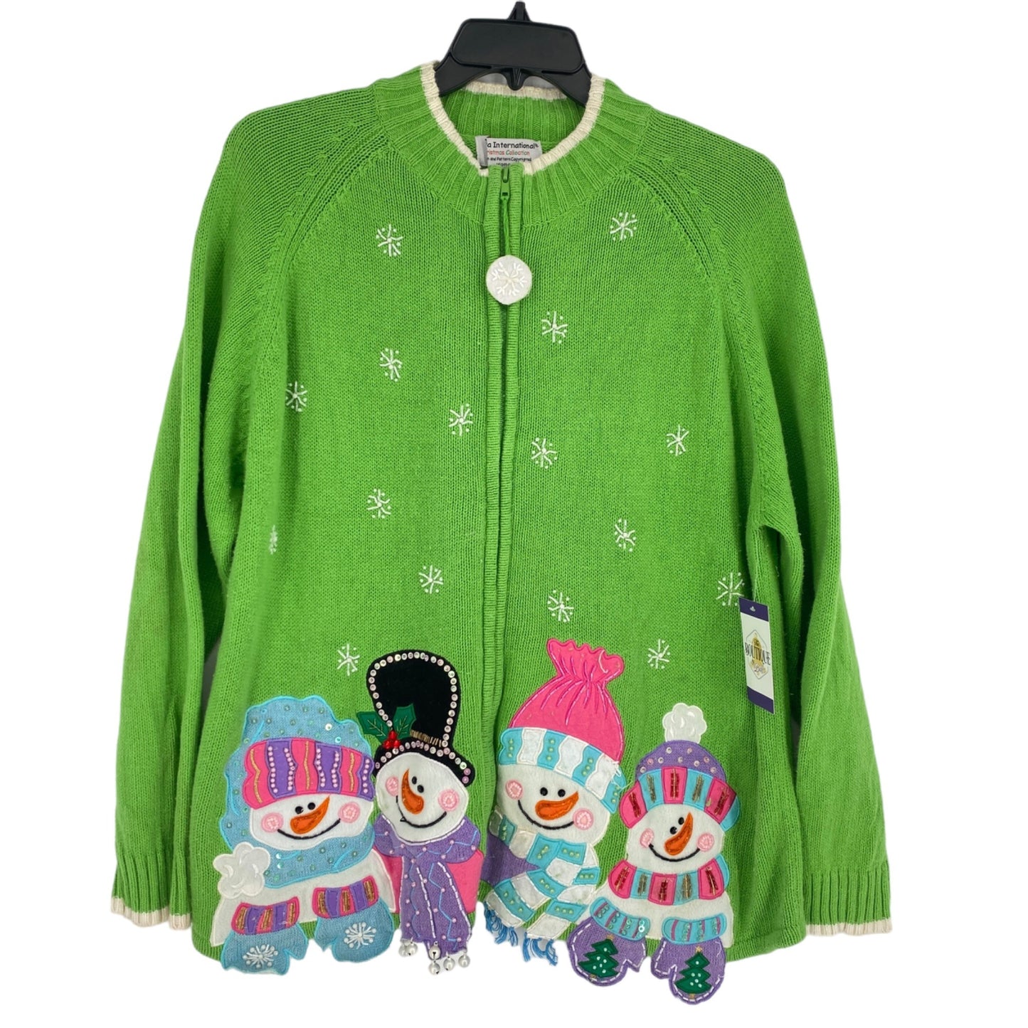 Tiara International Xmas Sweater 26/28 Green Zip Front Snowmen Cozy Holiday Wear
