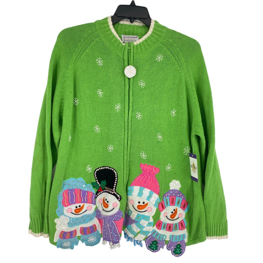 Tiara International Xmas Sweater 26/28 Green Zip Front Snowmen Cozy Holiday Wear