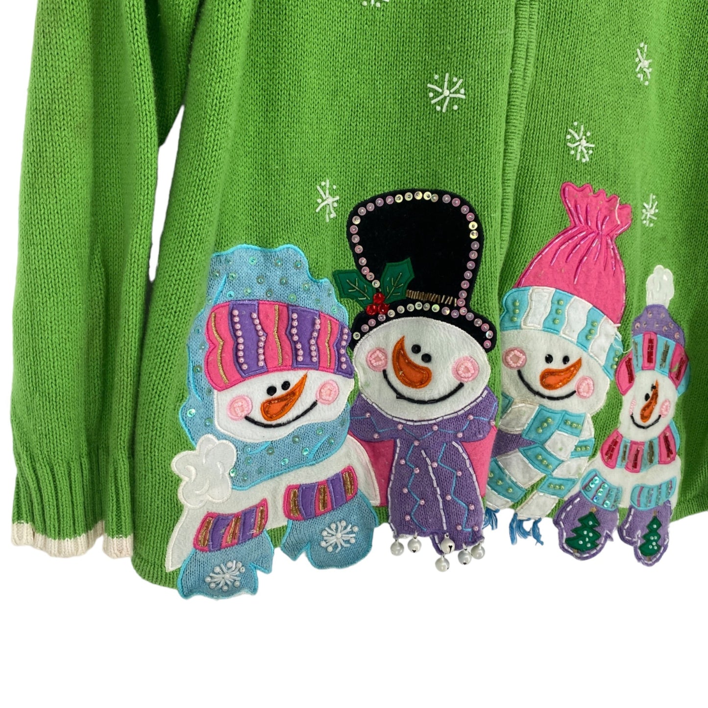 Tiara International Xmas Sweater 26/28 Green Zip Front Snowmen Cozy Holiday Wear