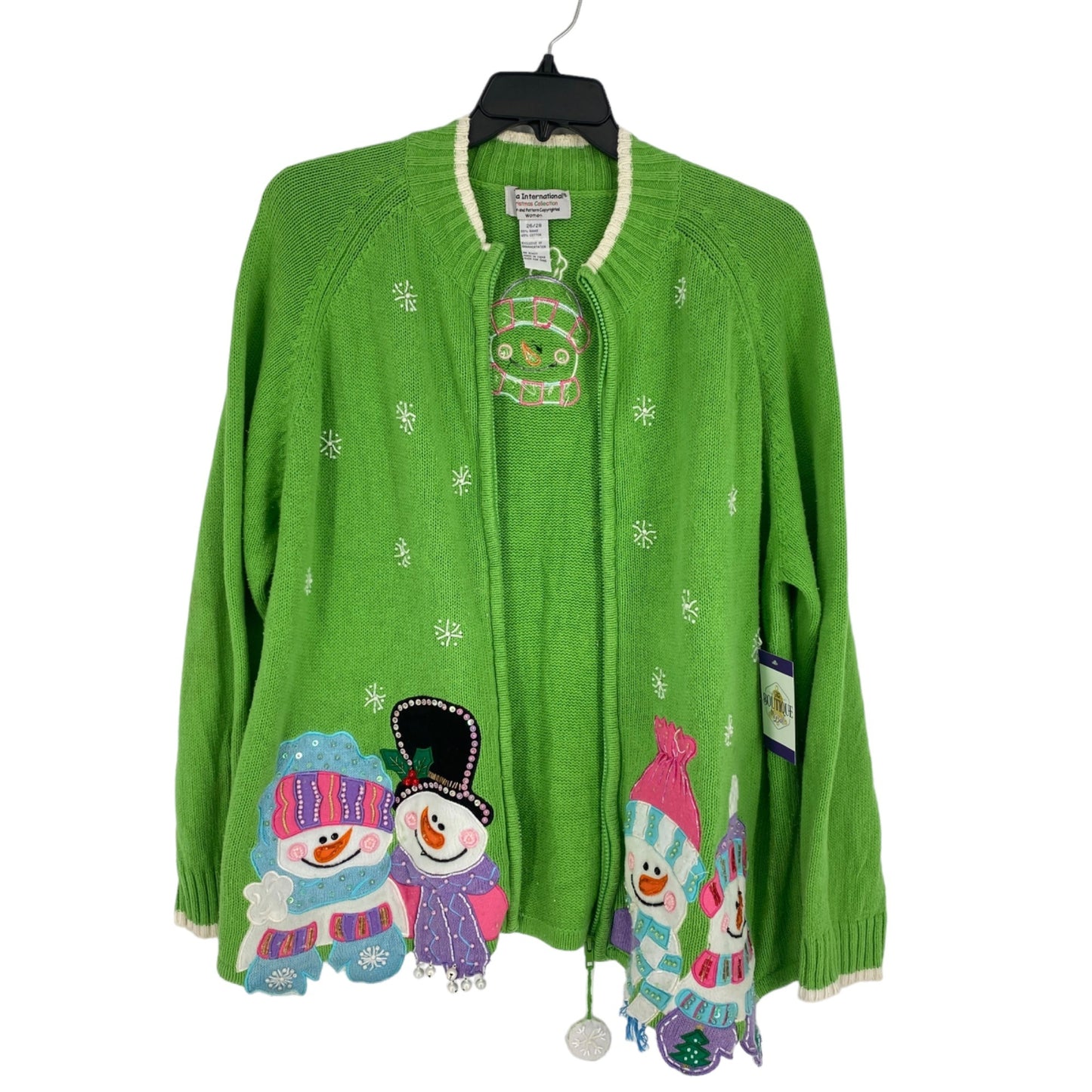 Tiara International Xmas Sweater 26/28 Green Zip Front Snowmen Cozy Holiday Wear