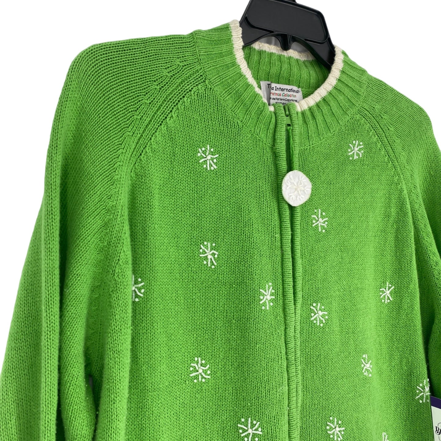 Tiara International Xmas Sweater 26/28 Green Zip Front Snowmen Cozy Holiday Wear