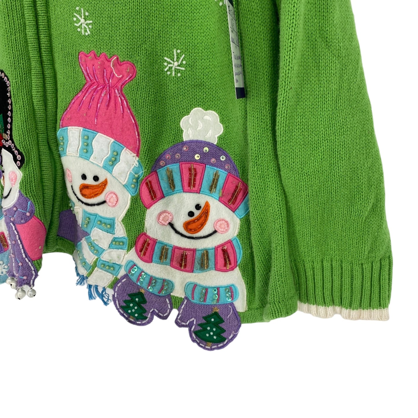 Tiara International Xmas Sweater 26/28 Green Zip Front Snowmen Cozy Holiday Wear
