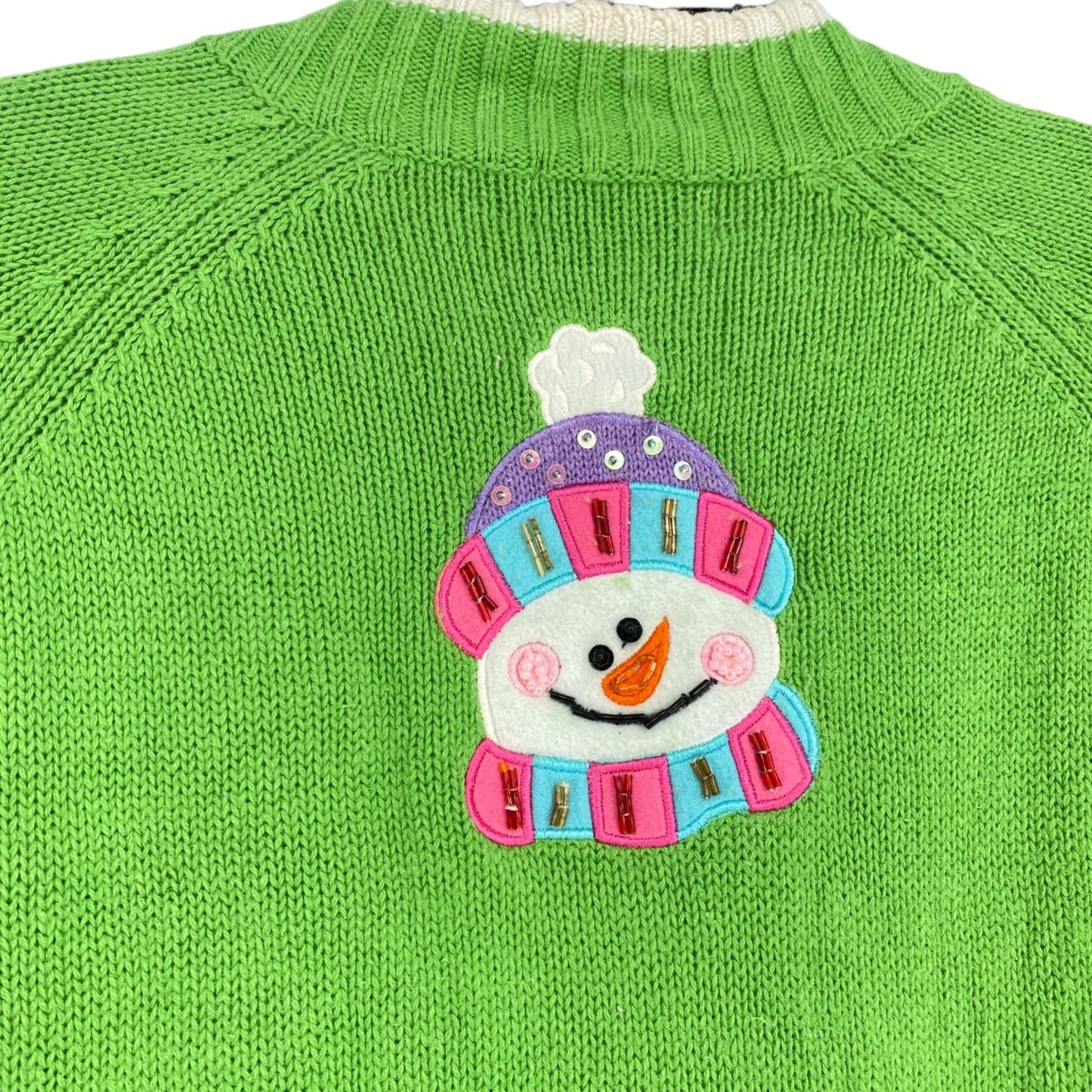 Tiara International Xmas Sweater 26/28 Green Zip Front Snowmen Cozy Holiday Wear