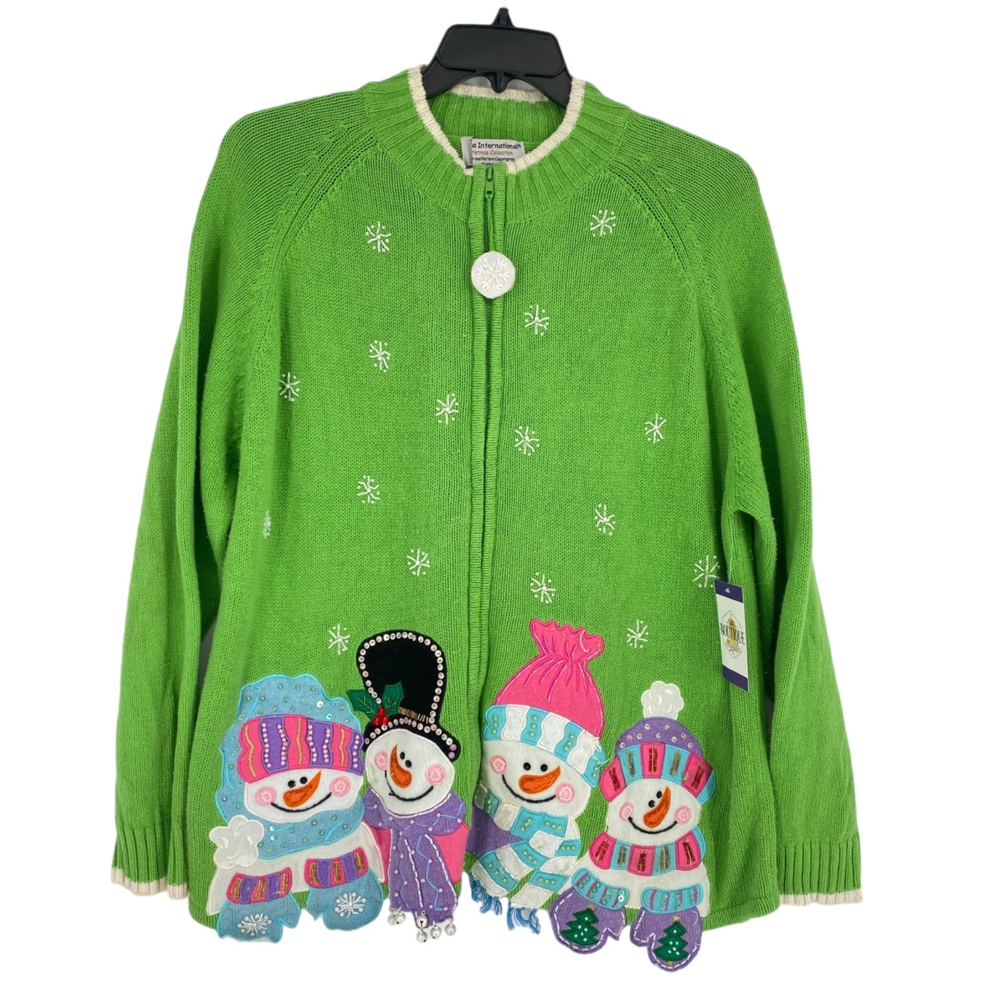 Tiara International Xmas Sweater 26/28 Green Zip Front Snowmen Cozy Holiday Wear