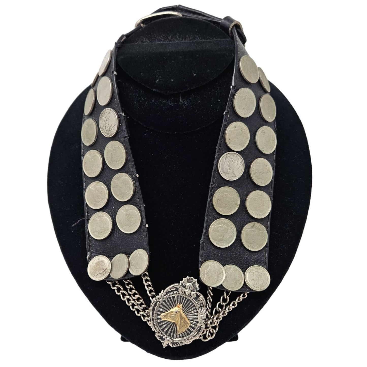 Vtg Argentine Coin Leather Collar Horse Medallion Necklace Equestrian Western