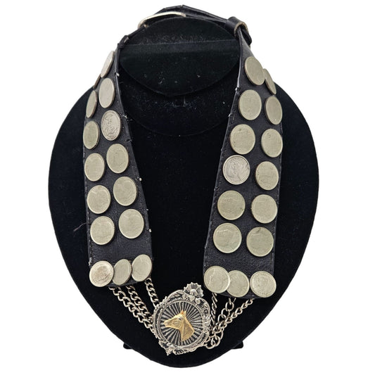 Vtg Argentine Coin Leather Collar Horse Medallion Necklace Equestrian Western