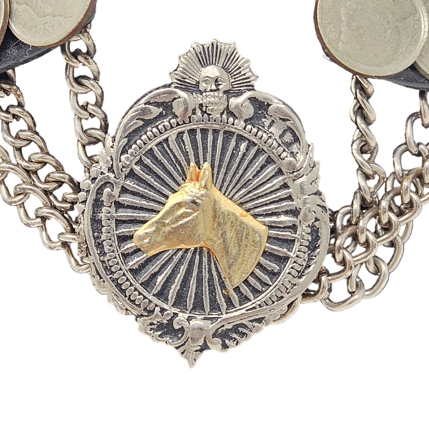 Vtg Argentine Coin Leather Collar Horse Medallion Necklace Equestrian Western