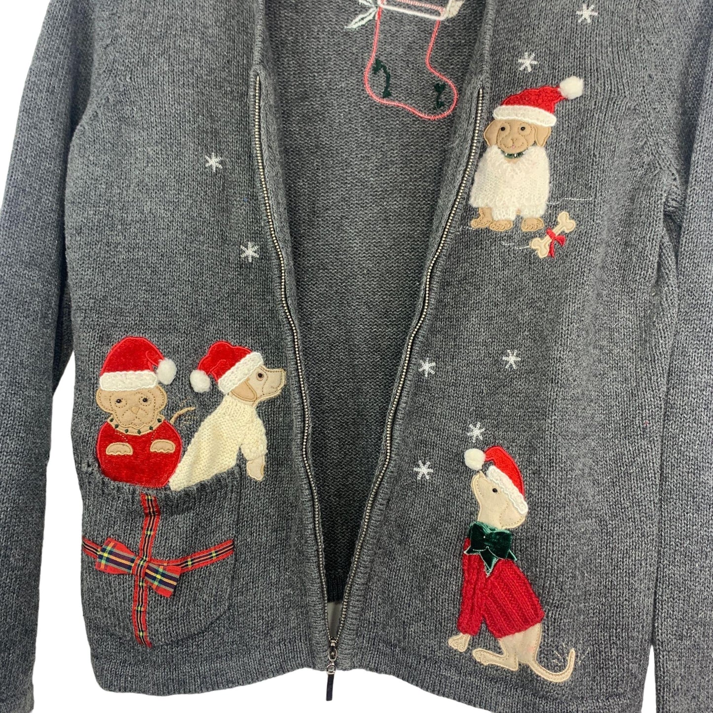 Vintage Curve S Christmas Cardigan Sweater Gray Santa Dogs Full Zip Applique