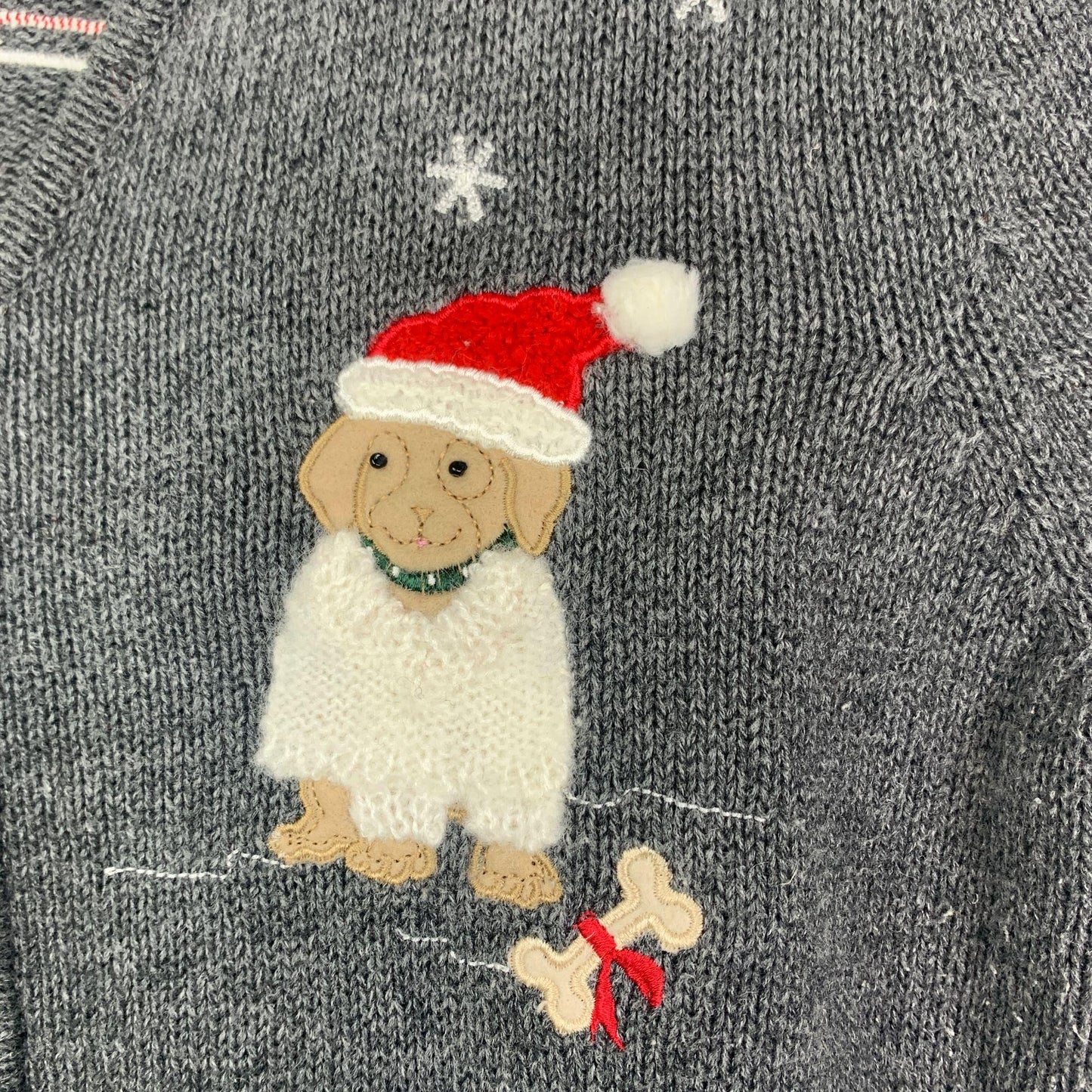 Vintage Curve S Christmas Cardigan Sweater Gray Santa Dogs Full Zip Applique