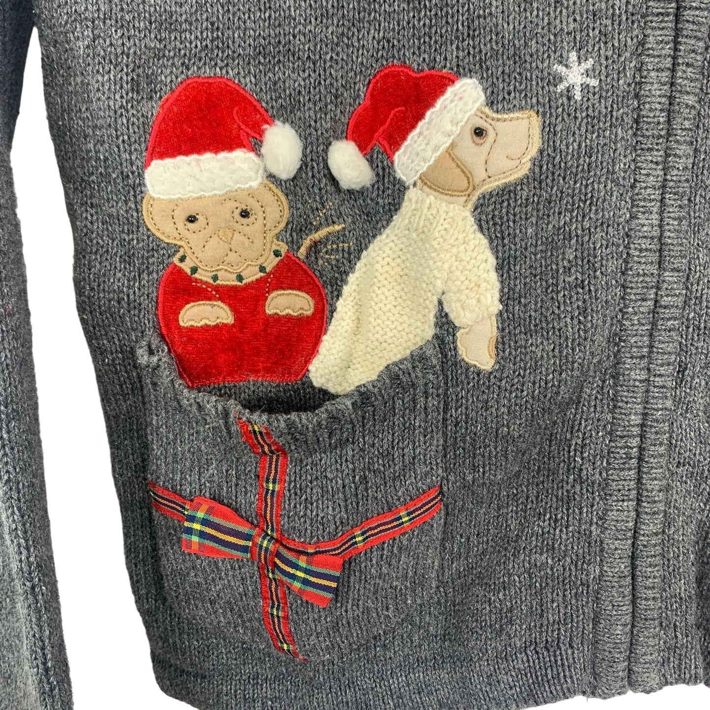 Vintage Curve S Christmas Cardigan Sweater Gray Santa Dogs Full Zip Applique