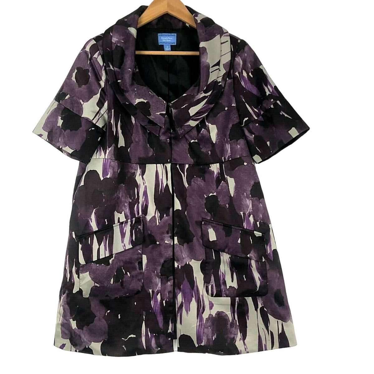 Simply Vera Wang Womens M Purple Gray Short Sleeve Long Jacket Tunic Collar