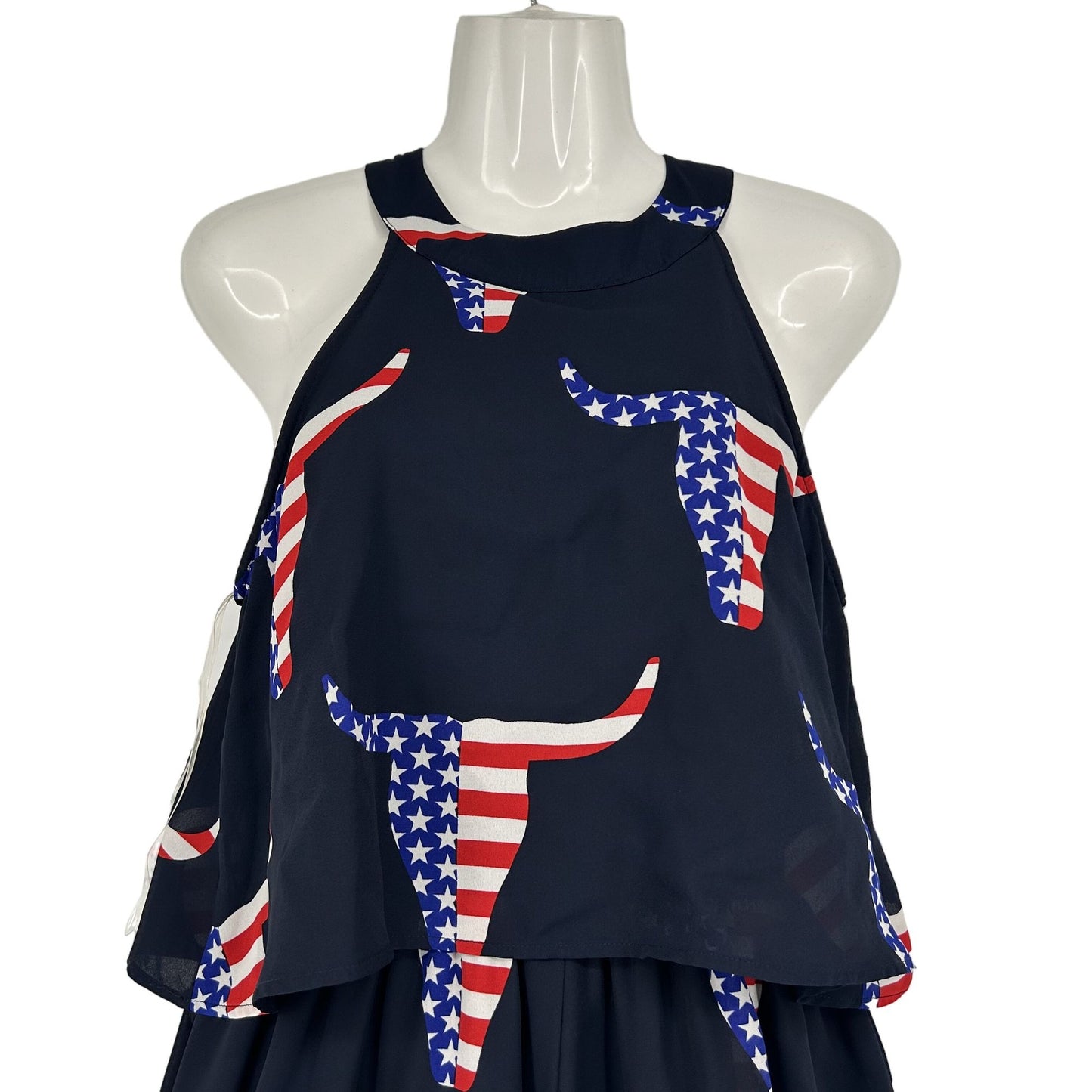 Peach Love M Navy Blue Texas Longhorn Flag Print Romper Sleeveless Tiered Top