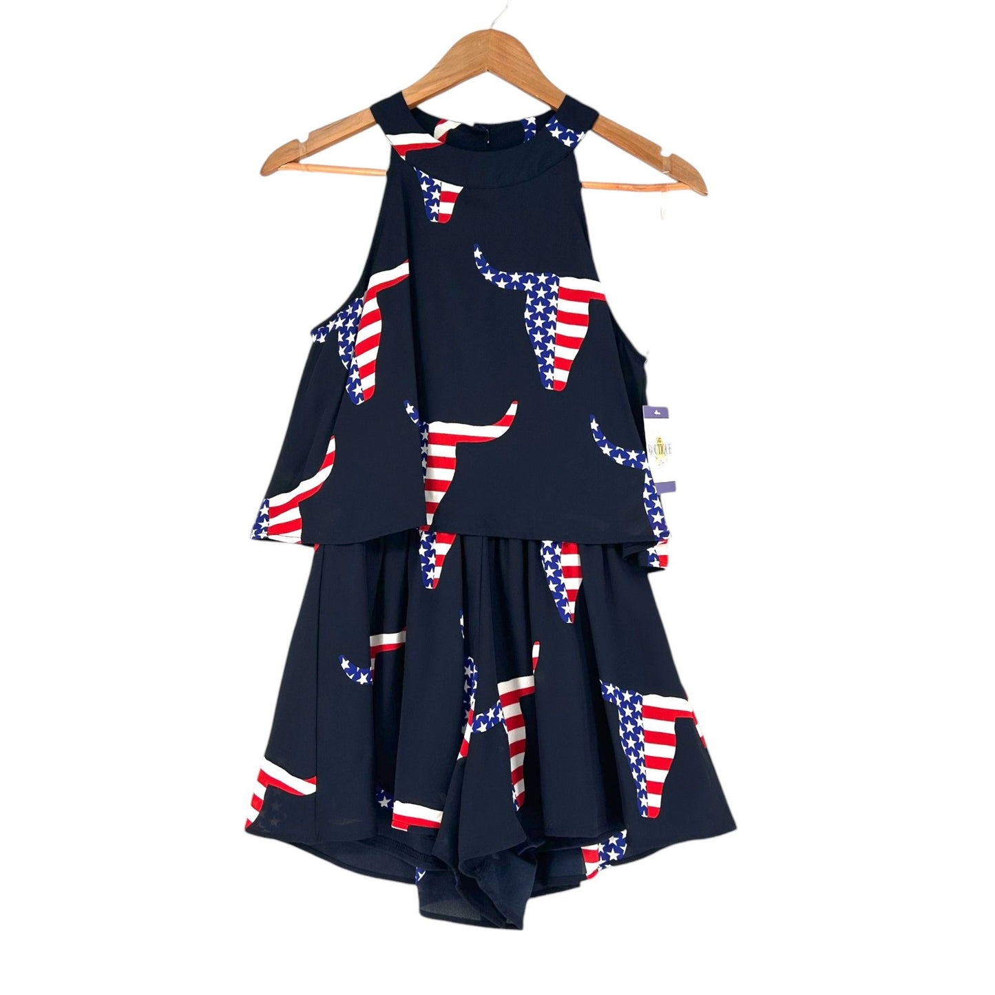 Peach Love M Navy Blue Texas Longhorn Flag Print Romper Sleeveless Tiered Top