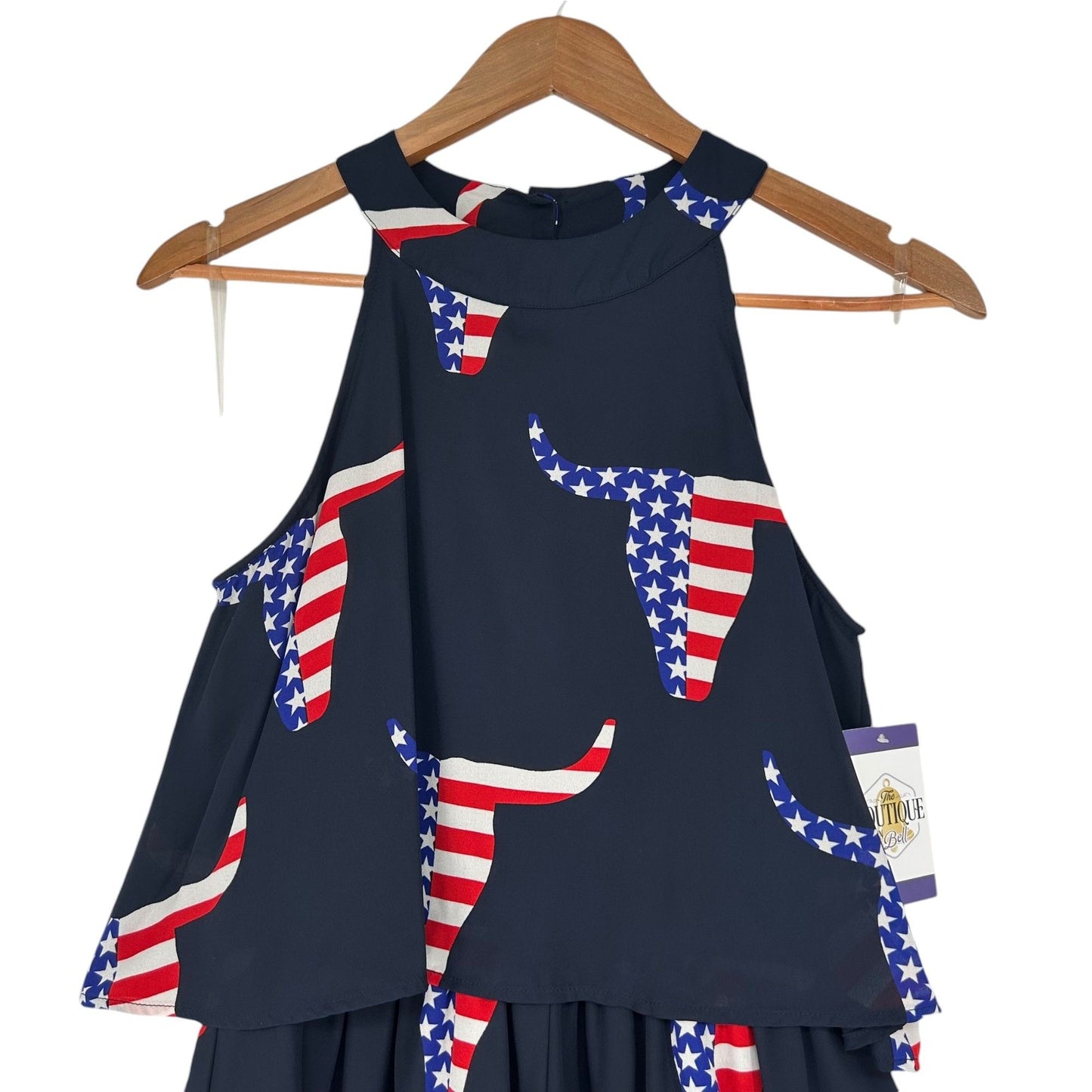 Peach Love M Navy Blue Texas Longhorn Flag Print Romper Sleeveless Tiered Top