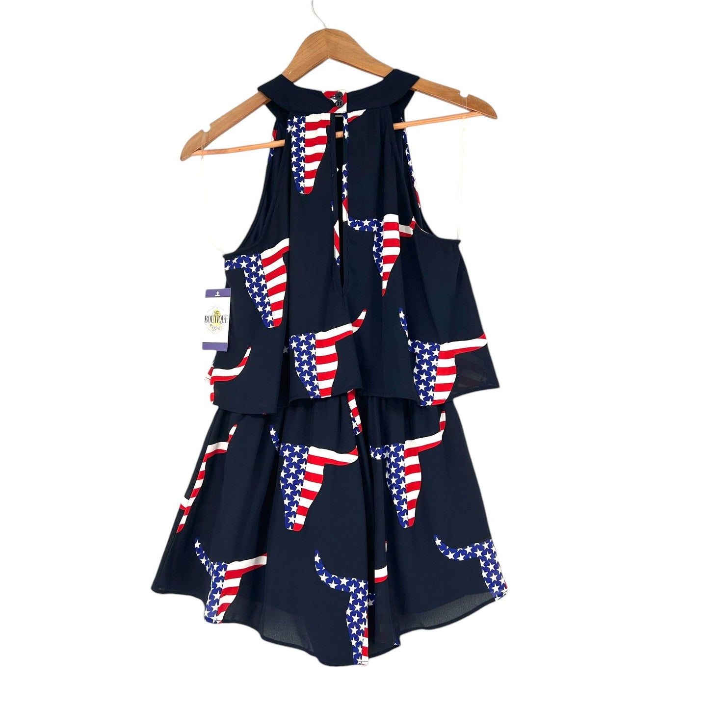 Peach Love M Navy Blue Texas Longhorn Flag Print Romper Sleeveless Tiered Top