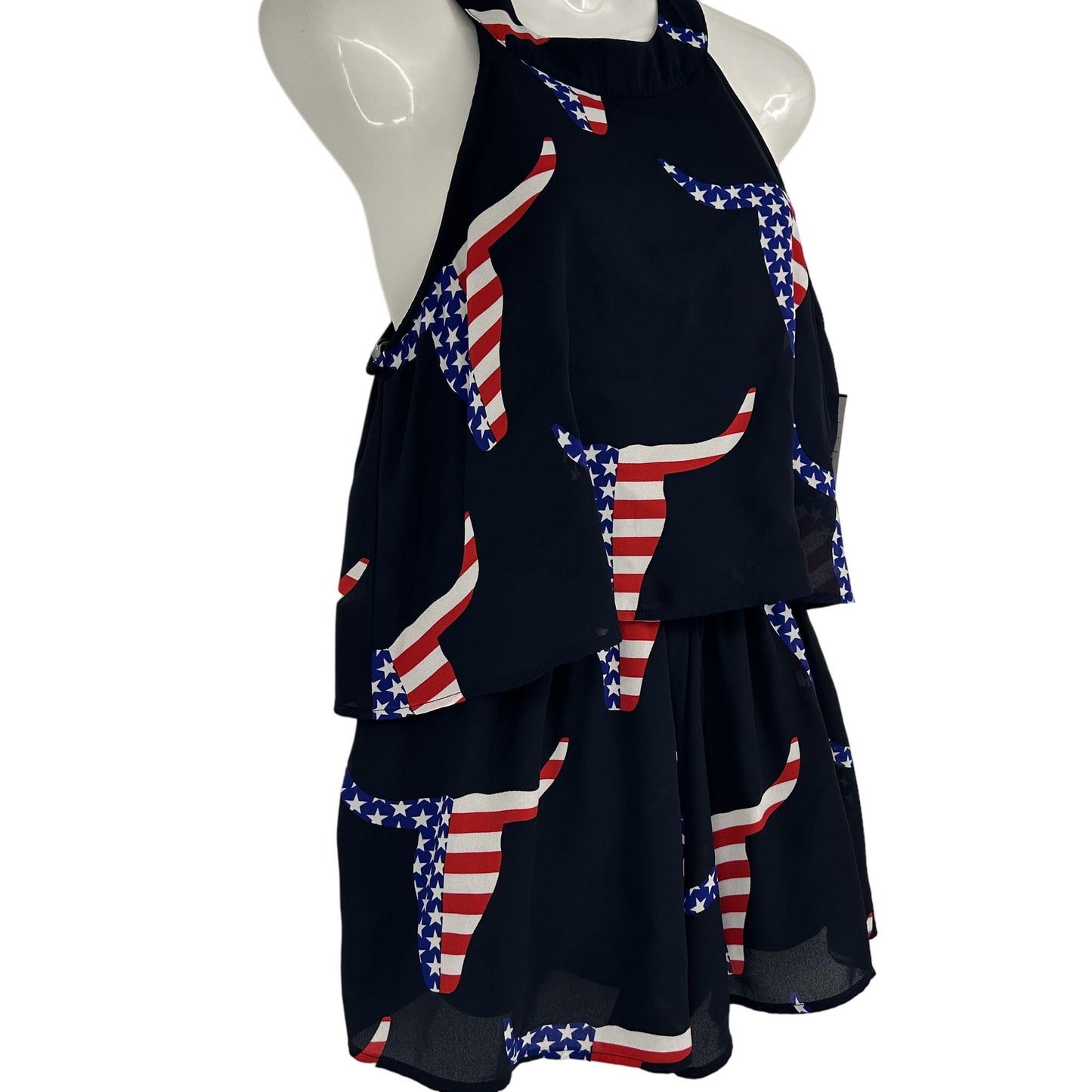 Peach Love M Navy Blue Texas Longhorn Flag Print Romper Sleeveless Tiered Top