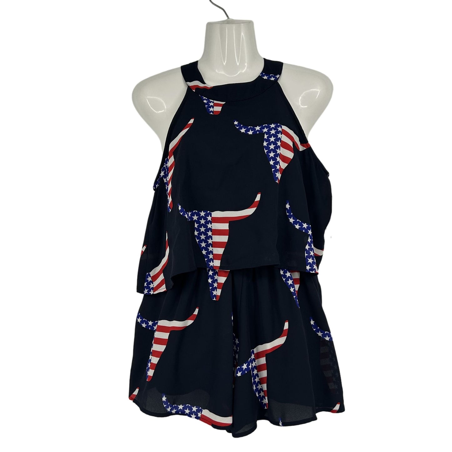 Peach Love M Navy Blue Texas Longhorn Flag Print Romper Sleeveless Tiered Top