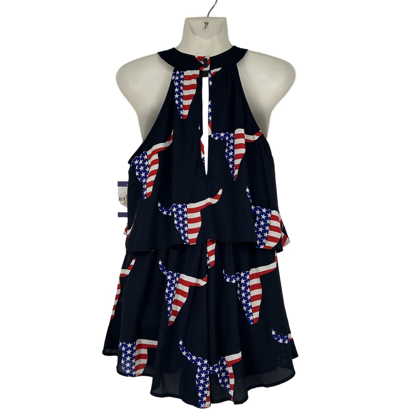 Peach Love M Navy Blue Texas Longhorn Flag Print Romper Sleeveless Tiered Top