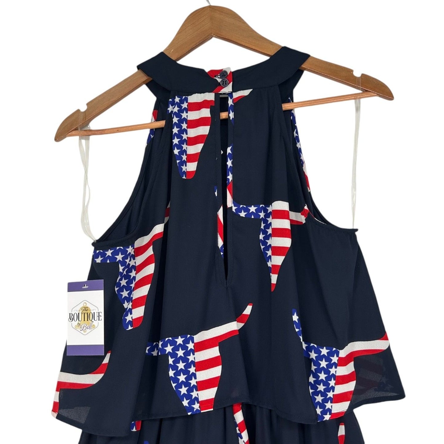 Peach Love M Navy Blue Texas Longhorn Flag Print Romper Sleeveless Tiered Top