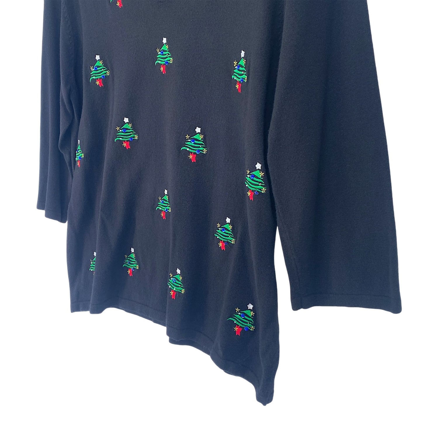 Christmas Tree Knit Top 2X Black VNeck 3/4 Sleeve Embroidered Sequins Beaded