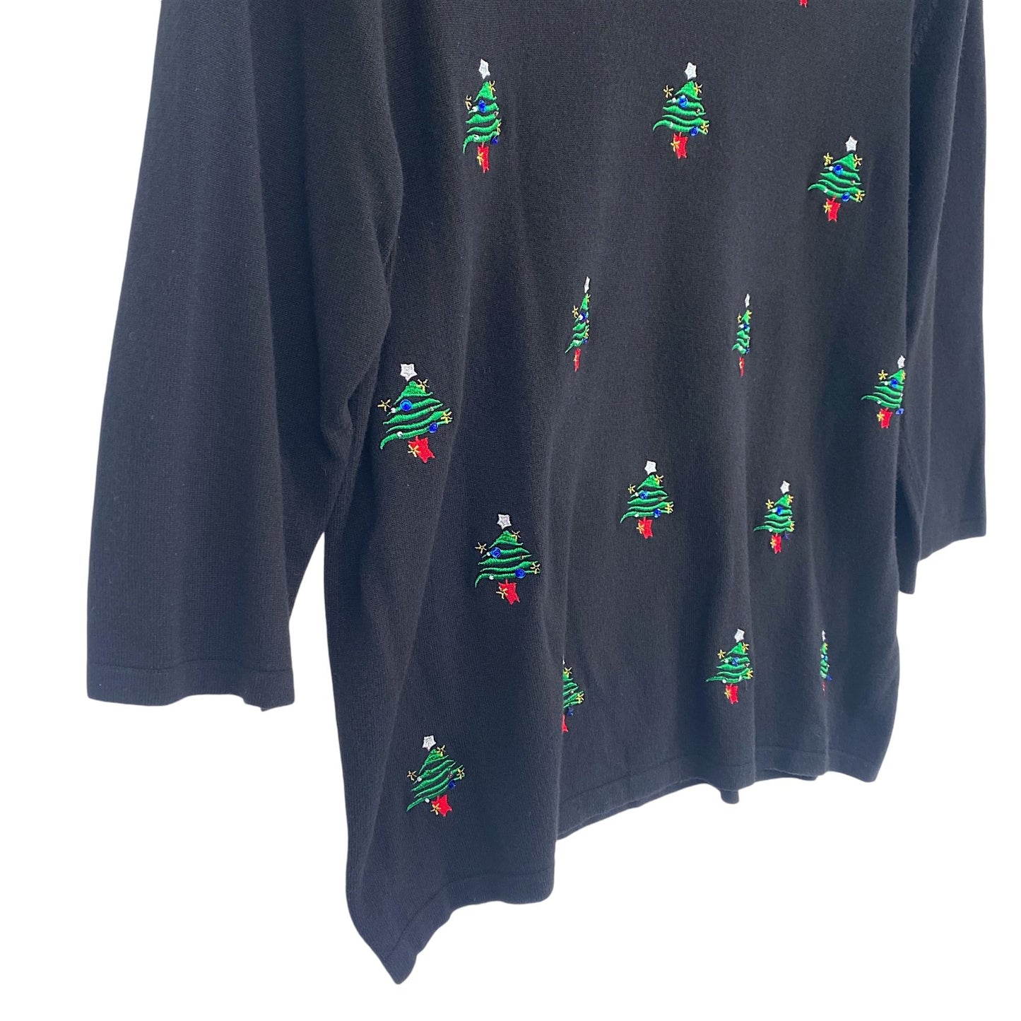 Christmas Tree Knit Top 2X Black VNeck 3/4 Sleeve Embroidered Sequins Beaded